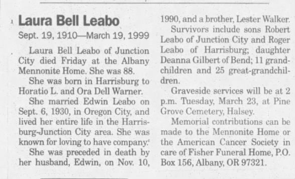 Obituary for Laura Bell Leabo, 1910-1999 (Aged 88)
